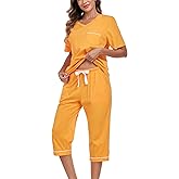 EA'S SECRET 100% Cotton Women's Pajama Set V Neck Top and Capri Pants Sleepwear Sets Loungewear with Pockets(Marigold, X-Large)