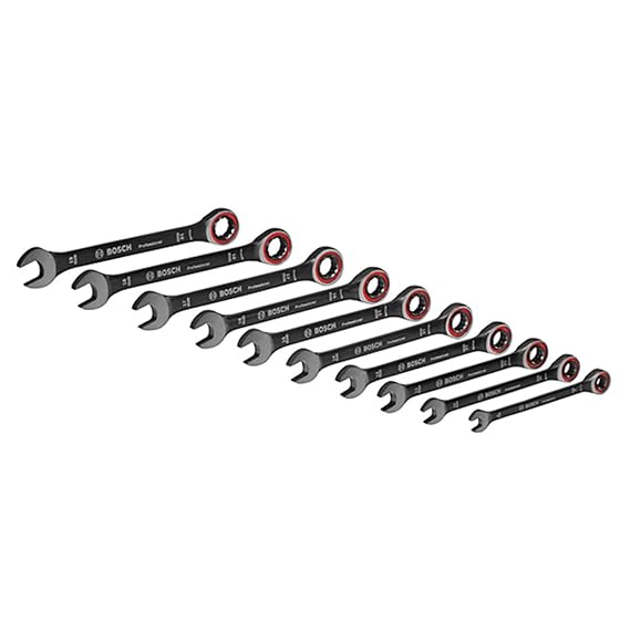 Bosch Professional 10 tlg. Ring Maulschlüssel Satz mit Ratschenfunktion (8-19 mm, Chrom Vanadium Stahl, Transporttasche)