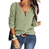 Hongqizo Women's V Neck Long Sleeve Sweater Half Zipper Knit Sweater Casual Cricket Stripe Jumper Pullover Knit Tops