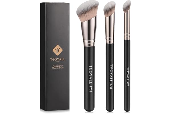 TEOYALL Foundation Contour Conceal Brush Set, 3PCS Angled Synthetic Kabuki Brush for Blending Setting Buffing with Liquid, Cr