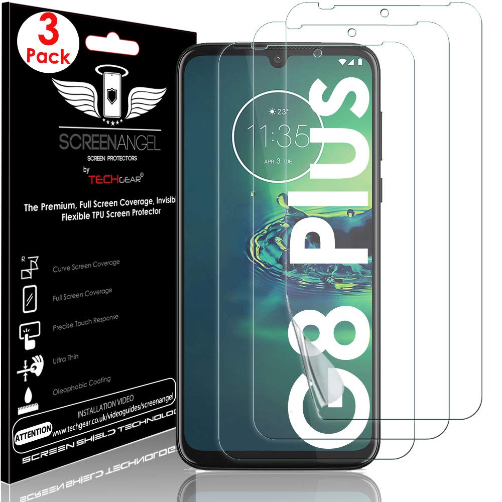 TECHGEAR [3 Pack Moto G8 Plus Screen Protectors [Screen Angel Edition] [Case Friendly] [Bubble Free] [FULL Screen Coverage] HD Clear Flexible TPU Films Compatible with Motorola Moto G8 Plus