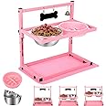 SHAINFUN Pink Raised Dog Bowl Stand with Two 1700ml Stainless Steel Food Bowl, a Slow Dog Feeder and Spill Proof Mat, Adjustable Dog Feeder, Elevated Dog Bowls for Large Medium and Small Dogs
