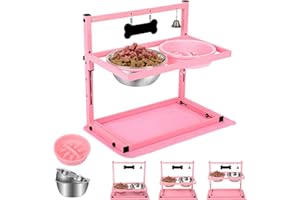 SHAINFUN Pink Raised Dog Bowl Stand with Two 1700ml Stainless Steel Food Bowl, a Slow Dog Feeder and Spill Proof Mat, Adjustable Dog Feeder, Elevated Dog Bowls for Large Medium and Small Dogs.