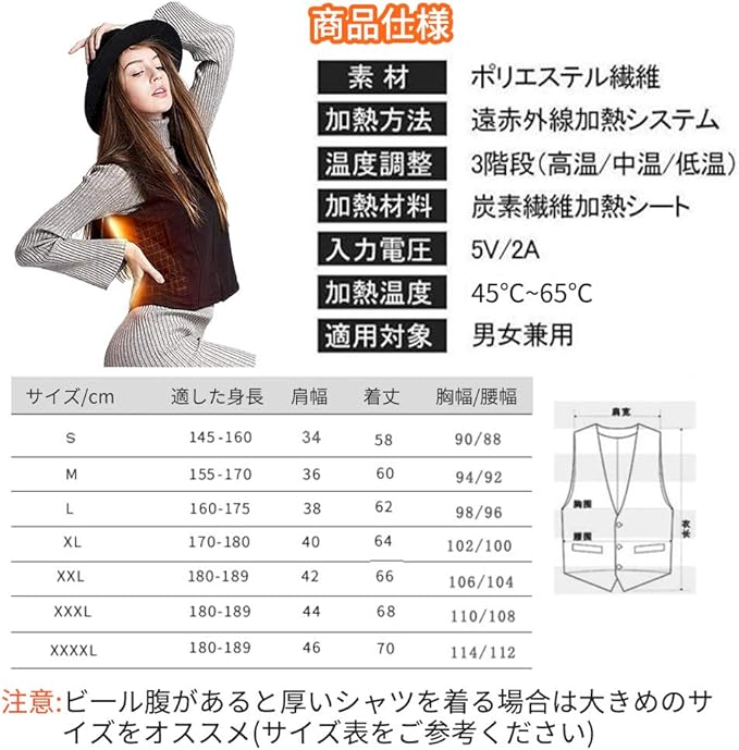 Amazon 2021最新 電熱ベスト 防寒 加熱ベスト 5つヒーター 3段温度調整 水洗いでき Usb加熱 臭くない アウトドア 生理冷え性に対応 スキー 通勤 登山 釣り 春秋冬用 男女対応 日本語取扱説明書 2xl ベスト 通販
