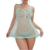 OYOANGLE Women's Lace Sheer Bow Chemise Nightgown and Thongs See Through Lingerie Set
