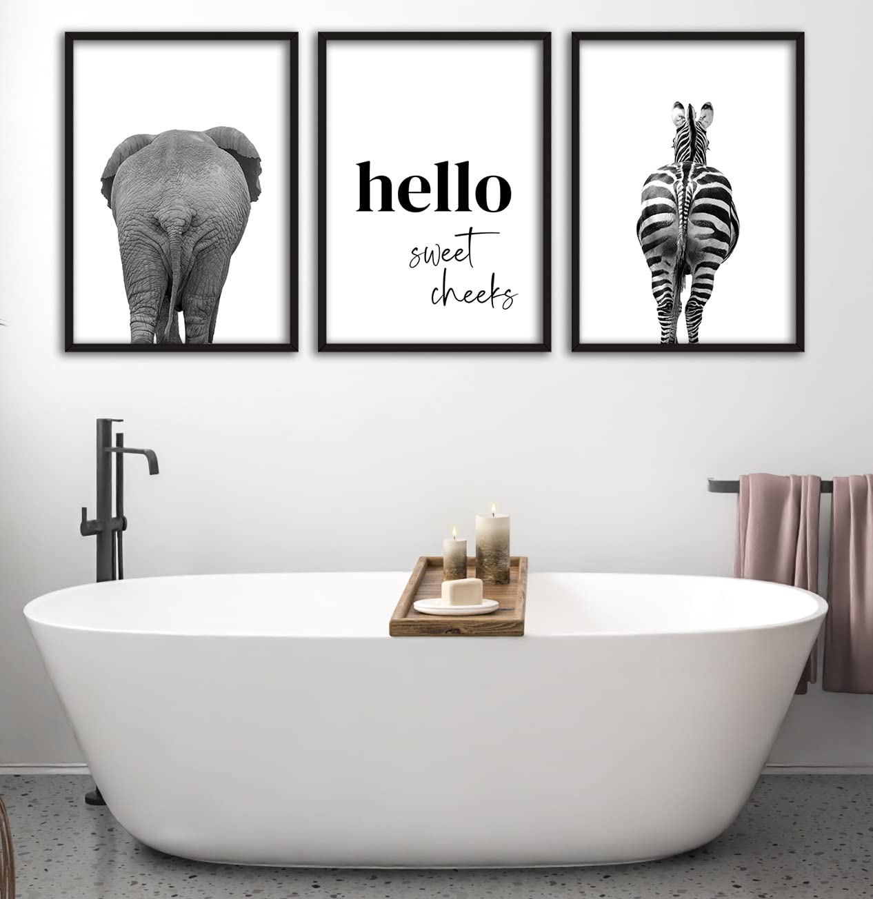 Eviepops Prints Elephant Zebra Bum Grey Unframed Set of 3 Safari Animal Prints, Hello Sweet Cheeks Quote, Funny Bathroom Decor, Home Wall Art Decor, New Home Gift, Monochrome Prints (A3) — image 1
