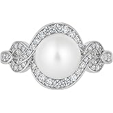 Tirafina Sterling Silver Ring for Women – Cultured Freshwater Pearl & Lab Created White Sapphire Gemstone Band – Classic June Birthstone Jewelry – Elegant Statement Cocktail or Promise Ring – Anniversary, Bridal, Birthday Fine Jewelry Gift