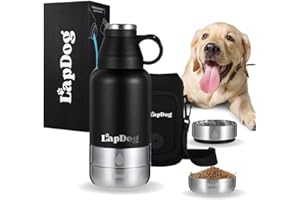 Lapdog Portable Dog Water Bottle & Food Bowls, All-in-One Accessories for Walking, Hiking, Beach- Double Walled, Insulated, Stainless Steel Water Dispenser (Black, with Black Neoprene Bag)