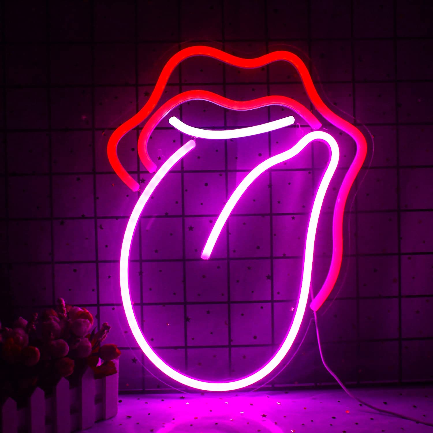 Wanxing Lips Neon Sign Flame Red Lips Big Tongue Shape Neon Signs for Wall Decor Red-Pink Neon Light for Bedroom USB Power Led Neon Light Sign for Game Room Pub Home Bar Club Party