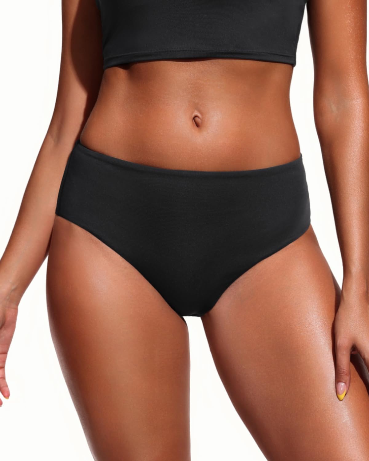 Photo 1 of Tempt Me Women Mid Rise Bikini Bottoms - Black Full Coverage Bathing Suit Bottoms Mid Waist Swim Bottoms 2025 L