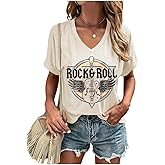 Women Rock Band T-Shirts Vintage Rock and Roll Country Music Shirt Funny Concert Outfit V-Neck Vacation Tops