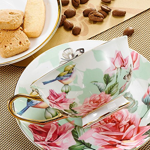 Panbado 3 Piece Bone China Tea Cup Saucer Set With Spoon, Porcelain Gold Rimmed Teacup Coffee, Flower And Birds, 200 mL/6.8 oz., Green - Thumbnail 5