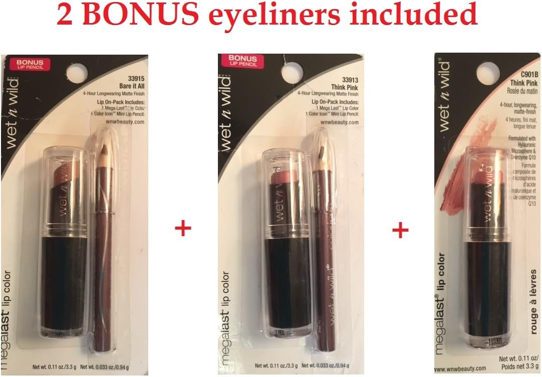 (Pack of 3) - MIX of Wet n Wild Megalast lipsticks, C901B Think Pink/ 33913 Think Pink/ 33915 Bare it all - 0.11 oz/3.3g
