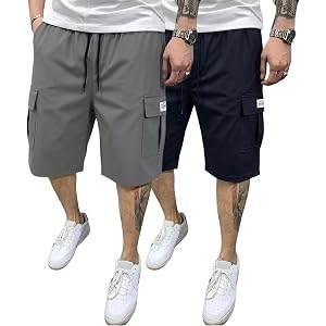 2 Pack Men's 10" Cargo Shorts, Quick Dry Stretch Waist Drawstring Outdoor Hiking Shorts for Men with 5 Pockets S-6XL