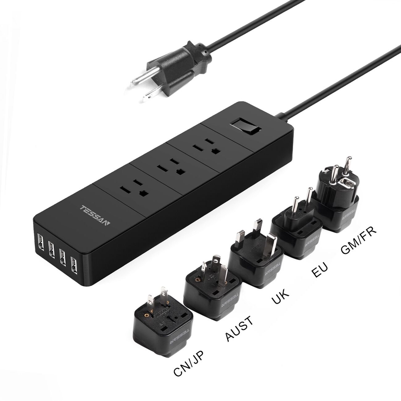 TESSAN Travel Power Bar with USB，Surge Protector Power Strip with 4 USB Ports 3 AC Outlets and 5
