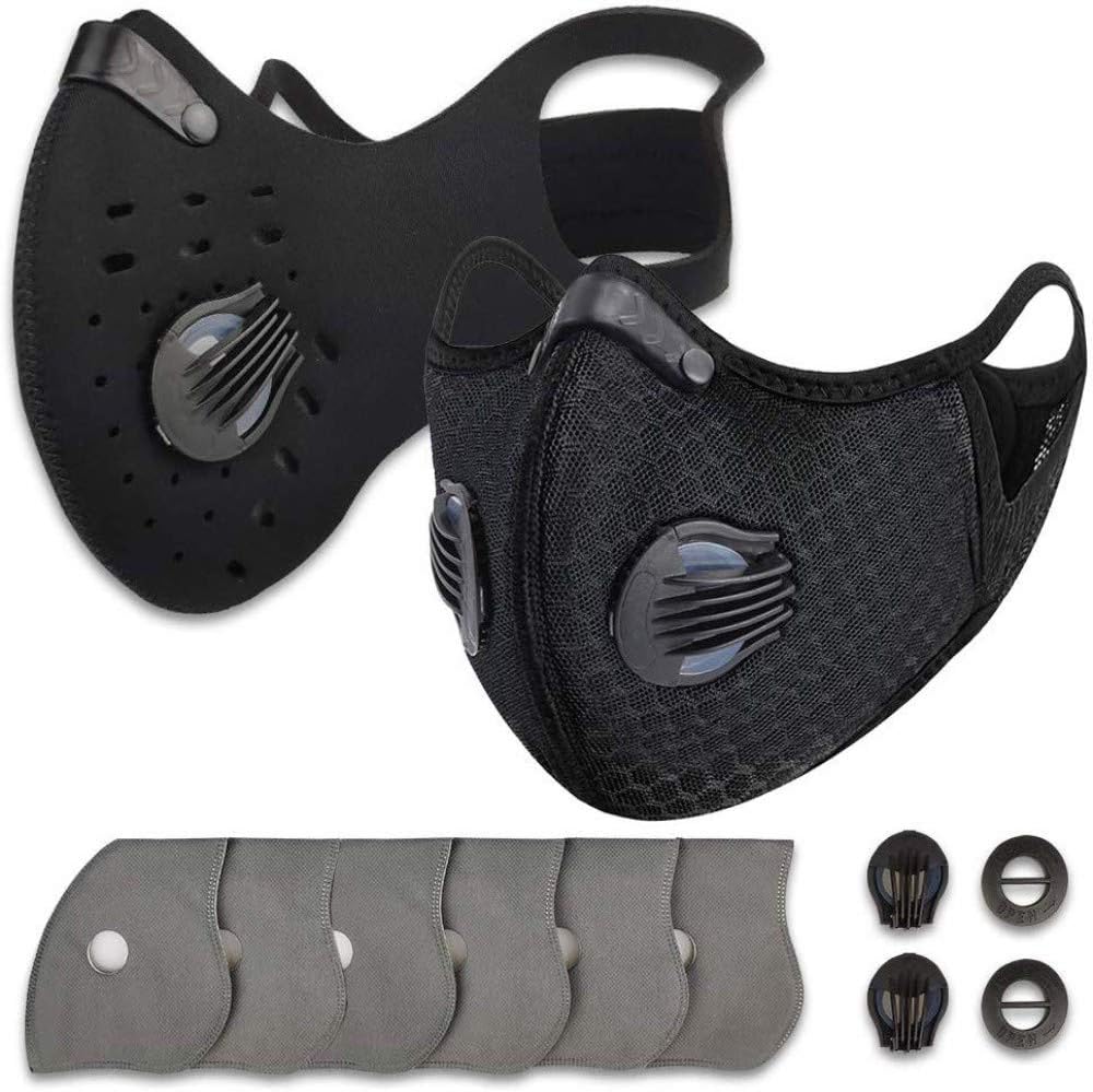 Dust Mask Cycling Mask with 2 Valves and 4 Activated Carbon,for Running, Biking, and Woodworking Mowing Sawdust Outdoor Activitie(Black-nylon)