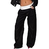 NRTHYE Women's Baggy Cargo Jeans Casual High Waisted Patchwork Denim Pants Straight Wide Leg Loose Streetwear Trousers