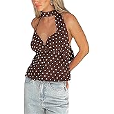 Women Sexy Polka Dot Scarf Cami Tops Y2k Girls Halter Coquette Crop Tops Backless Tie up Shirt Streetwear