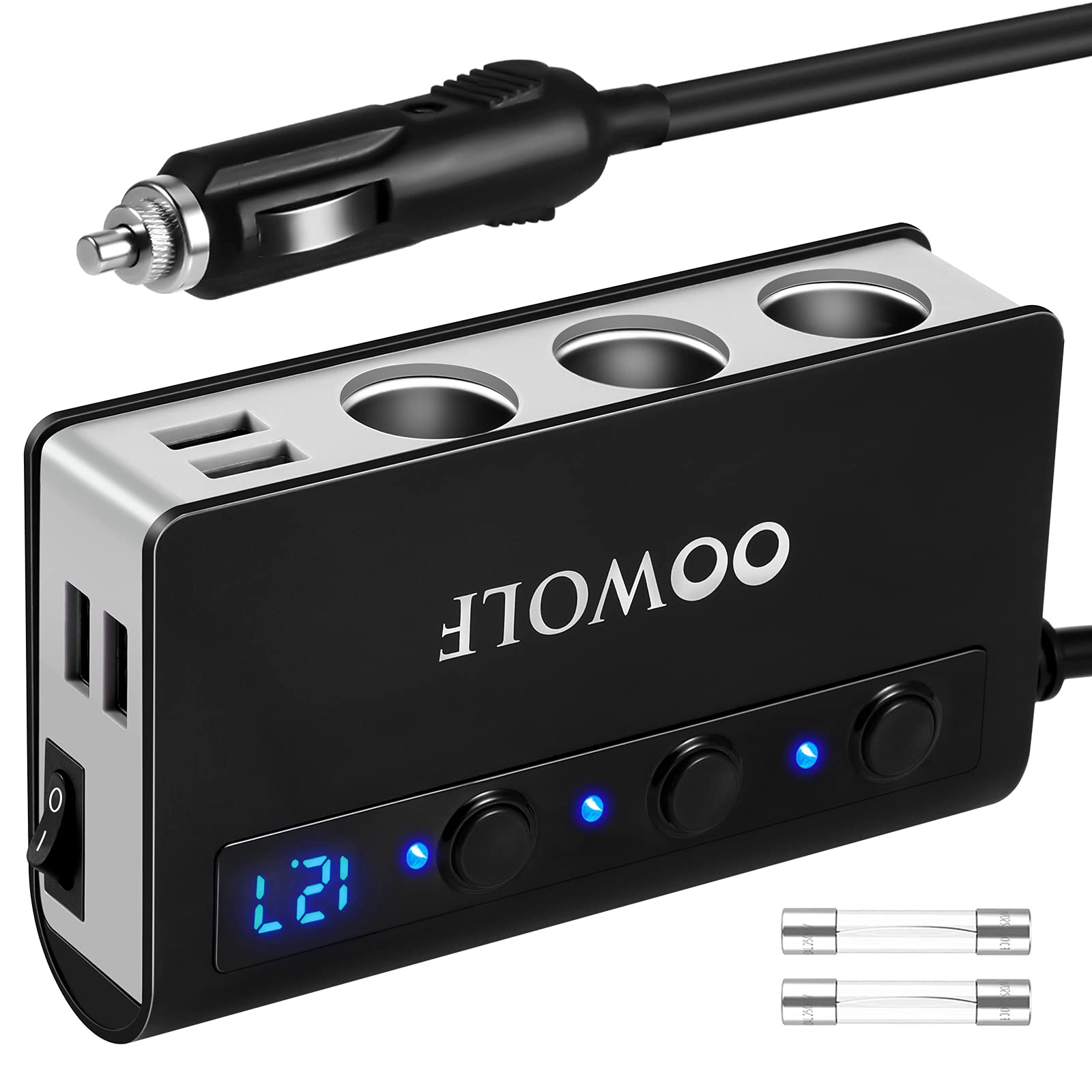 OOWOLF Quick Charge 3.0 Cigarette Lighter Adapter,180W 12V/24V 3-Socket DC Power Car Splitter with 6.6A 4 USB Ports,LED Display Voltage, Individual Switch