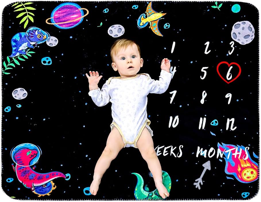 Baby Milestone Blanket Photography Soft Monthly Baby Fleece Blanket for Baby Girl & Boy Perfect Baby Presents Newborn Baby Shower Black 47 * 39inch (Dinosaur)