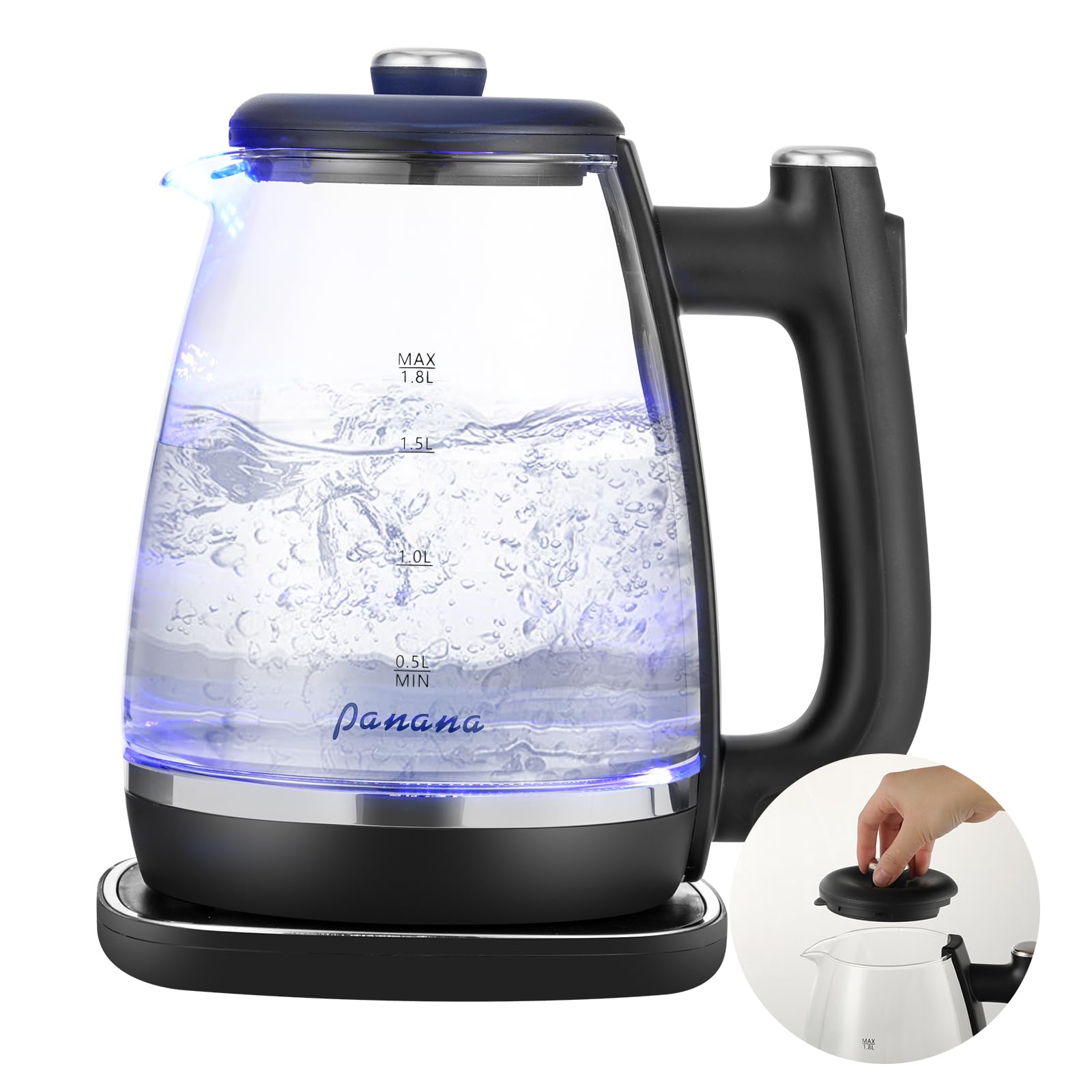 Photo 1 of 1.8L Electric Kettle Glass Kettle with Blue LED, Fast Boil Quiet Electric Glass Kettle,1200W, Boil-Dry Protection, BPA Free (Removable lid)