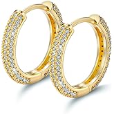 Fully Iced Cz 14K Yellow Gold Plated 925 Sterling Silver Post Small Thin Fashion Huggie Hoop Earrings For Men And Women Lightweight Hypoallergenic 11mm Hoop Earrings