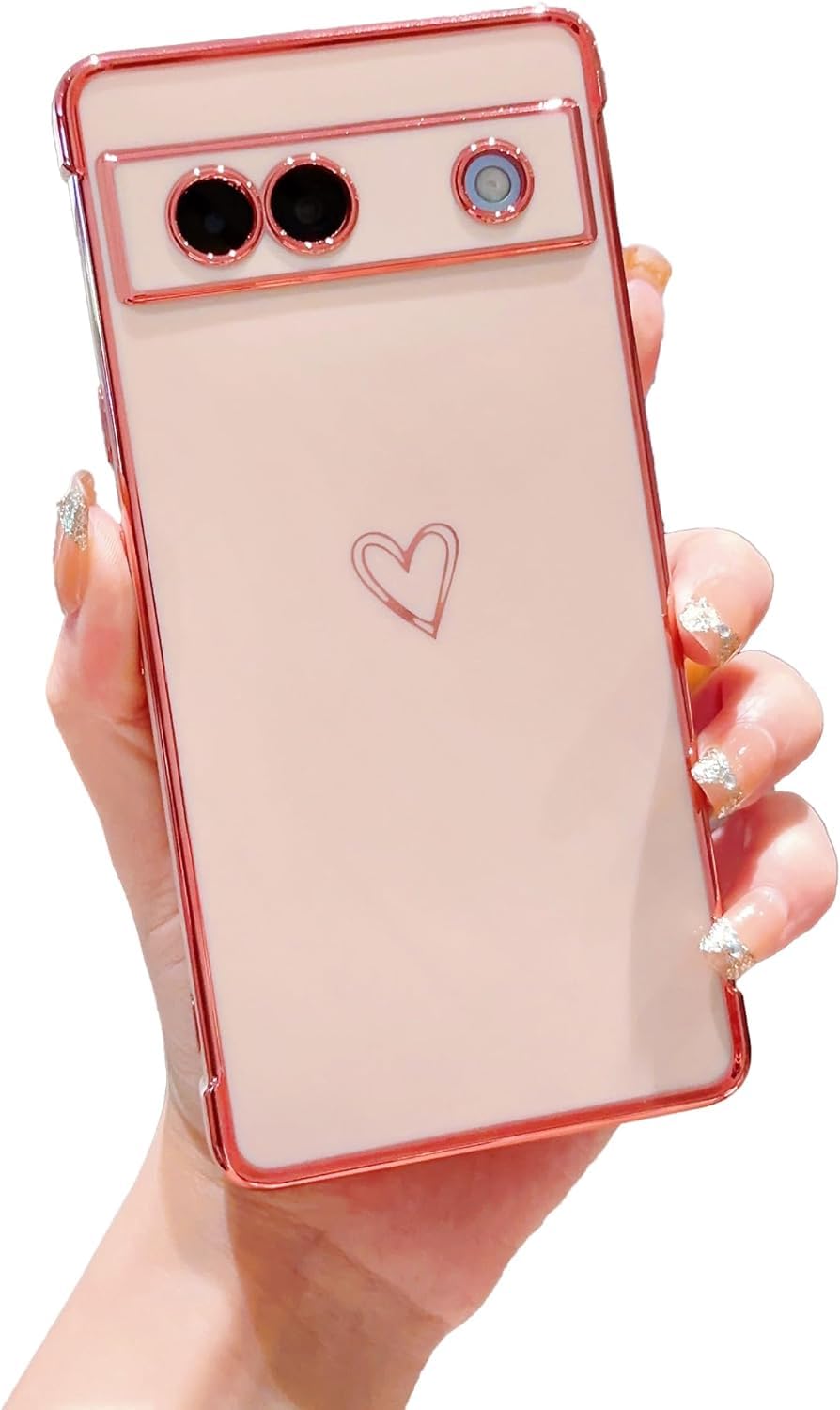 Knoowcase Google Pixel 8A Case Google 8A Phone Case for Girls Women Shockproof Flexible Silicone Bumper Lens Protection Luxury Plated Gold Heart Slim Anti Scratch Phone Cover, Pink
