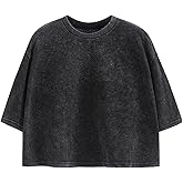 KEEVICI Cropped T Shirts for Women Vintage Baggy Solid Color Basic Tees Acid Wash Cotton Tshirt Black Grunge Crop Tops