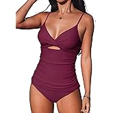 CUPSHE Women's Tankini Sets Two Piece Swimsuit V Neck Cutout Ruched Back Hook Front Wrap Mid Rise Reversible Bottom