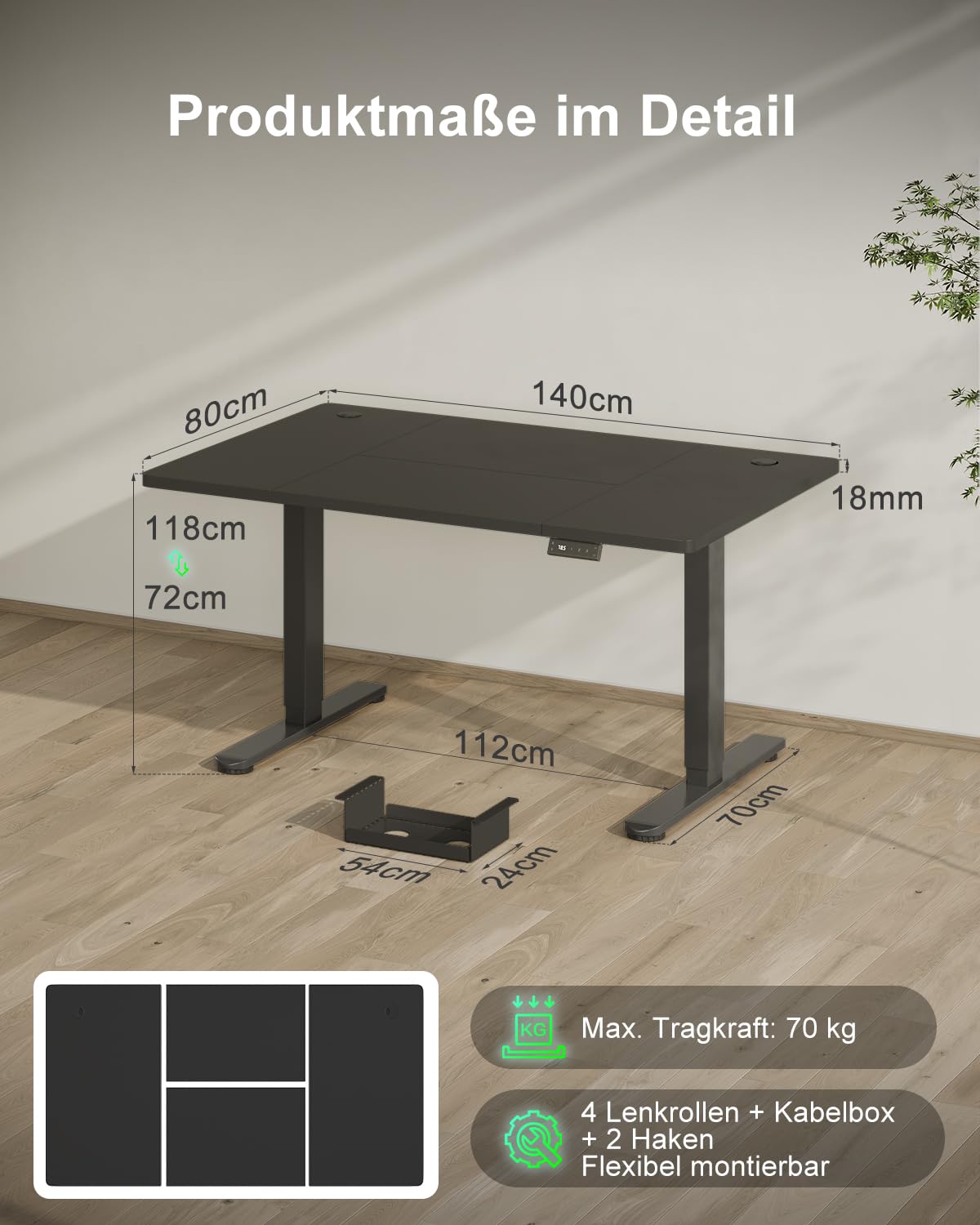 Devoko Höhenverstellbarer Schreibtisch 140x80cm mit Typ-C Ladeanschluss, Schreibtisch Höhenverstellbar Elektrisch, Mobiler Elektrisch Computertisch mit Kabel Management Tray, Schwarz 2