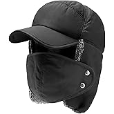 3 in 1 Winter Thermal Fur Lined Trapper Hat with Ear Flap Full Face Warmer Cover, Windproof Cycling Motorcycle Headwear