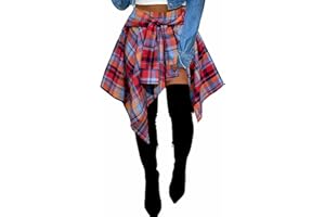 Women's Plaid Skorts Skirts - High Waisted Tie Front Pleated Summer Asymmetrical Skirt with Shorts