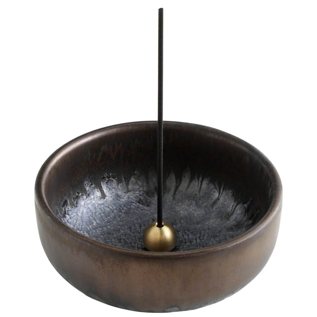 Asayu Made in Japan Zen Incense Holder for Sticks with Ash Catcher 10cm (3.9 inches) in Black and Gold, Japanese Ceramic Bowl and Brass Incense Burner - Zen Black Gold