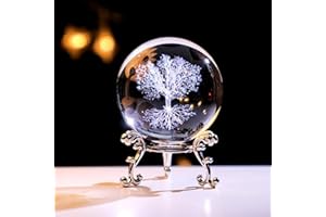 QIANCHANG Tree of Life Crystal Ball with Stand, 60mm 3D Laser Engraved Glass Sphere Decorative Balls Paperweight Gifts for Women Mom Kids