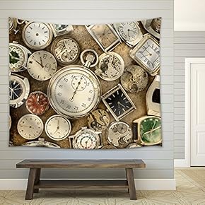 Retro Styled Image of a Collection of Vintage Rusty Watches and Parts - Fabric Wall Tapestry Home Decor - 51x60 inches