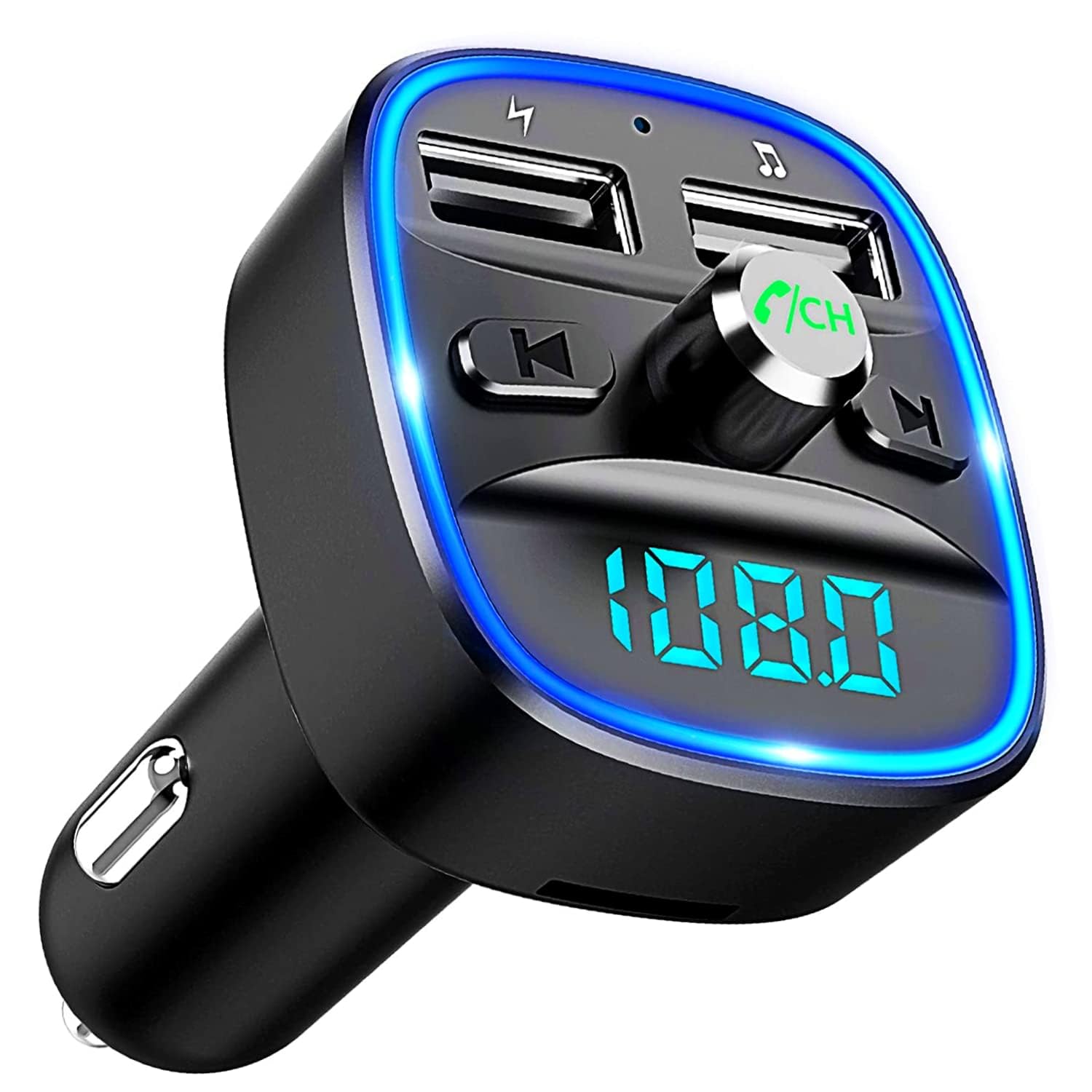 Esellertree Bluetooth FM Transmitter for Car,Blue Ambient Ring Light Wireless Radio Car Receiver Adapter Kit with Hands-Free Calling,Dual USB Charger 5V/2.4A and 1A,Support SD Card, USB Disk (Black)