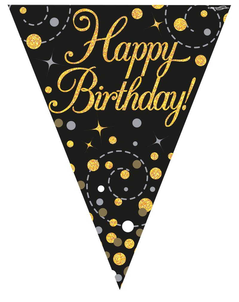 OakTree Party Bunting Sparkling Fizz Birthday Black & Gold Holographic 11 flags 3.9m