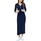 MISSKY Women Casual Pocket Quarter-Zip Neck 3/4 Sleeve Slim Split Pullover Hoodie Maxi Dress