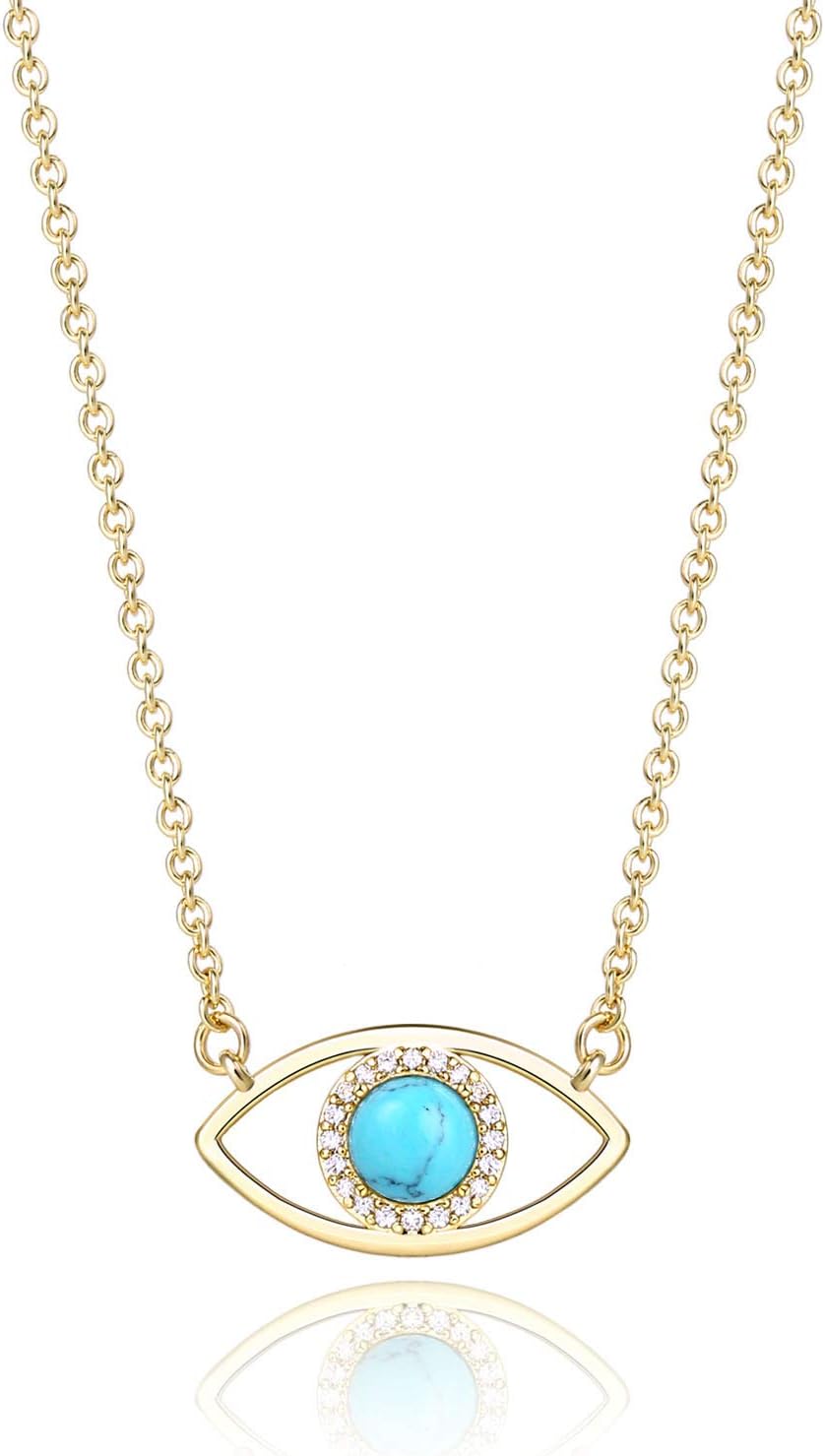 KISSPAT Dainty Eye Necklace for Girls 14K Gold Plated Natural Gemstone Bar Pendant