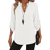 DATAMOUNT Womens Tops 3/4 Length Sleeve Button Down V Neck Blouse for Work School Business Casual Everyday Wear
