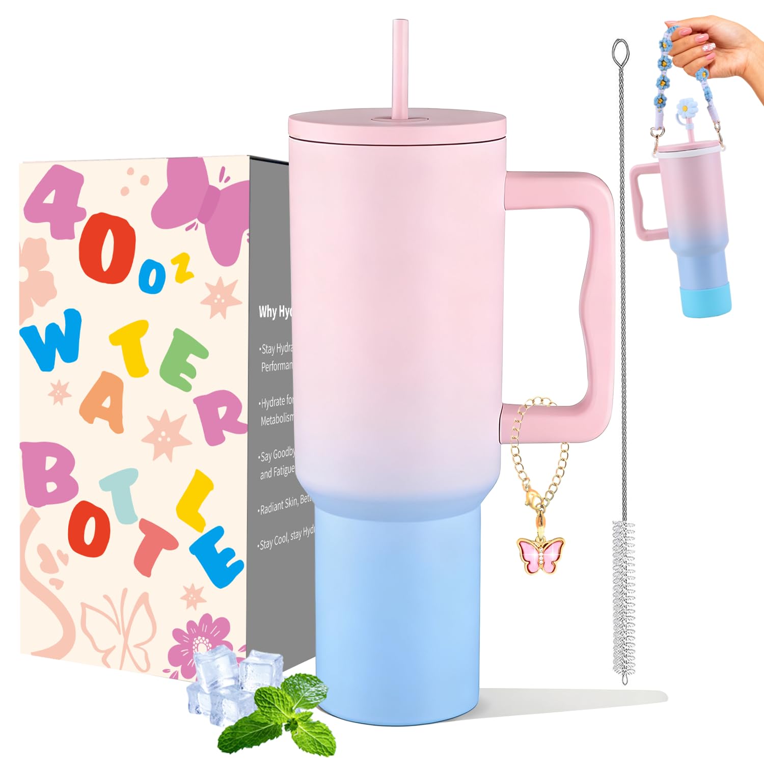 Sanilinwild 40 oz Tumbler Travel Mug Coffee Cup with Handle and Straw/Stainless Steel Double Wall Vacuum Insulated for Cold Hot Coffee -Easy to Carry-Holiday Gifts for Women Men 6PCS (Bubble)