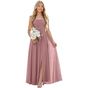 Vnmmdrt Square Neck Junior Bridesmaid Dresses Chiffon Flower Girl Dress | Pleated Junior Bridesmaid Dress for Wedding Split P