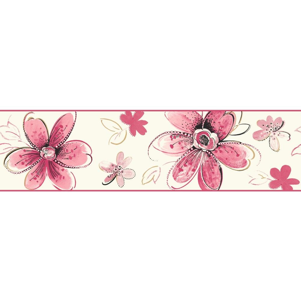 York Wallcoverings Brothers and Sisters V Bohemian Floral Border, Pearl, Bright Pink, Soft Pink, Black, Gold