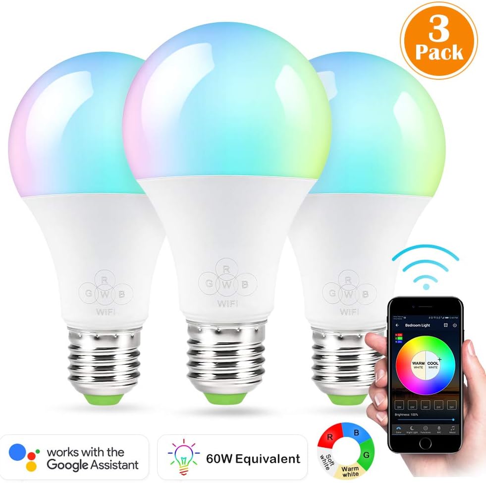 LED Smart Bulb, 3 Pack Nexlux Sunrise Wake-up WiFi Lights,Cellphone Control Color Tunable Soft,Cool White,RGB Led Light Bulb 6.5W, Compatible with Alexa and Google Assistant