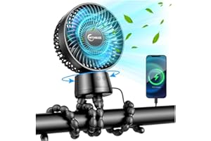WITHOUSE 20000mAh Portable Stroller Fan with Auto Oscillating, Extended Anti-Slip Detachable Flexible Tripod, Power Bank & LED Light, 3-Speed Quiet Long Time Cooling Clip On Fans for Baby Crib Car Seat Travel