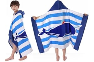BANGSAUR Kids Hooded Beach Bath Towels, 100% Cotton 50"x30" Wrap Blanket, Toddlers Boys 3-12 Years Coverup Towel Blue Whale