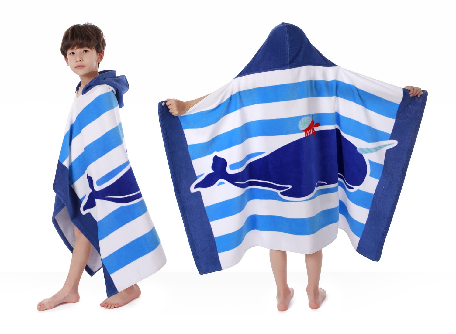 BANGSAUR Children's Hooded Bath Beach Towel, 100% Cotton 50"x30" Wrap, Kids Toddlers Girls Boys 3-12 Years Coverup(Blue Whale)