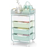 SYKIARIOL 4-Drawer Rolling Storage Cart with Mesh Top,Green | Utility Craft Organizer Cart on Wheels with 4 DIY Labels, Rolling Drawer Cart for Home Office Classroom Bedroom