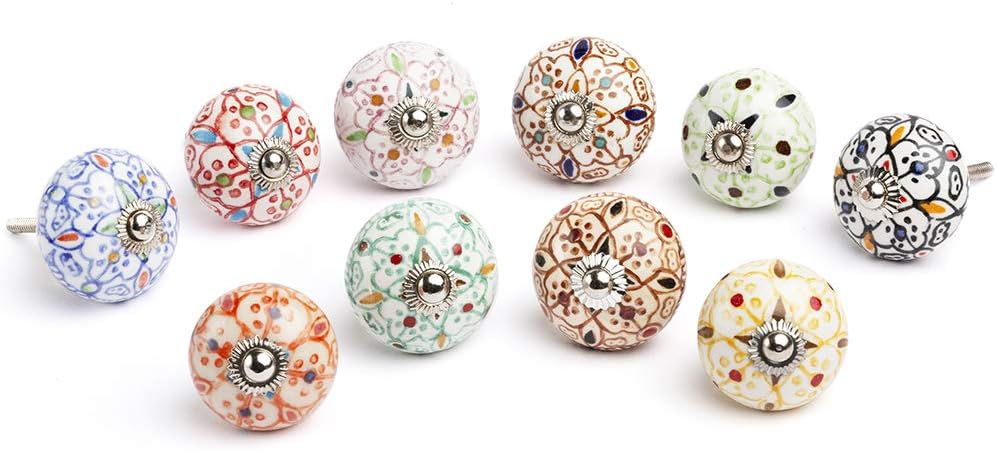 Artncraft Set Vintage Color Multi Designed Ceramic Cupboard Cabinet Door Knobs Drawer Pulls & Chrome Hardware