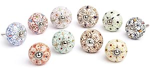 Artncraft Set Vintage Color Multi Designed Ceramic Cupboard Cabinet Door Knobs Drawer Pulls & Chrome Hardware